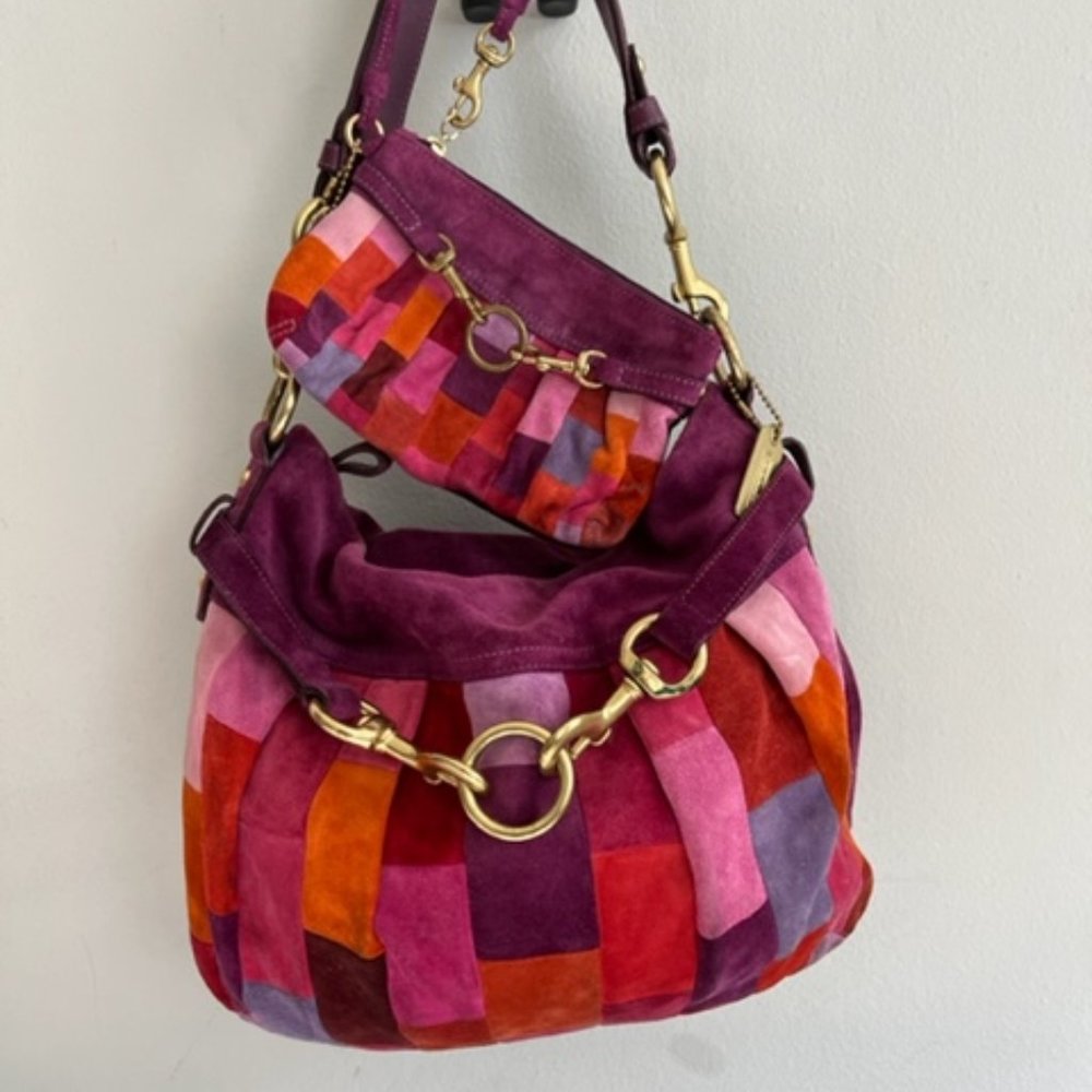 Coach Hamptons EUC Mosaic Patchwork Suede Bag & Wristlet Plum F05S 8B16 Rare